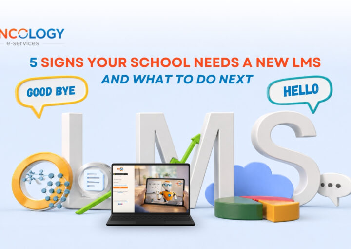 A 3D graphic showing large letters spelling LMS surrounded by speech bubbles saying GOOD BYE and HELLO next to a laptop displaying the EduSync platform, illustrating signs your school needs a new LMS.