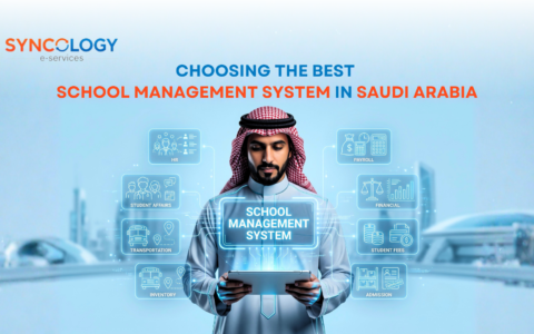 Choosing the Best School Management System in Saudi Arabia 6 An illustration of a Saudi businessman in traditional attire holding a tablet with floating digital icons representing HR, payroll, student affairs, transportation, and finance for a School Management System in Saudi Arabia.