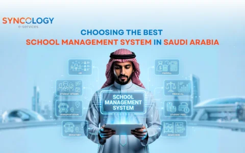 An illustration of a Saudi businessman in traditional attire holding a tablet with floating digital icons representing HR, payroll, student affairs, transportation, and finance for a School Management System in Saudi Arabia.