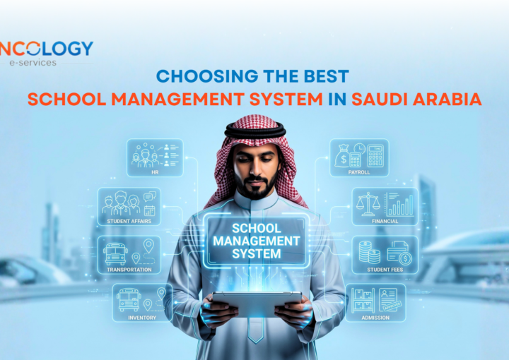 An illustration of a Saudi businessman in traditional attire holding a tablet with floating digital icons representing HR, payroll, student affairs, transportation, and finance for a School Management System in Saudi Arabia.