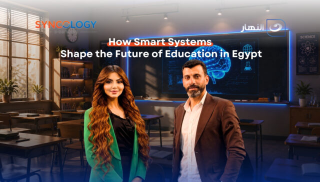 How Smart Systems Shape the Future of Education in Egypt 1 A man and a woman standing in a modern classroom next to text reading how smart systems shape the Future of Education in Egypt.