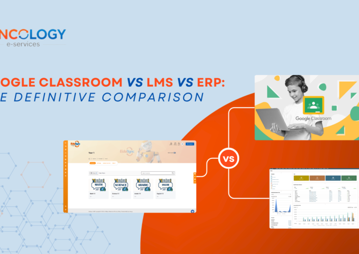 A comparative graphic comparing Google Classroom vs LMS vs ERP systems, showing a student using a laptop with the Google Classroom logo alongside the EduSync platform and a complex administrative dashboard.