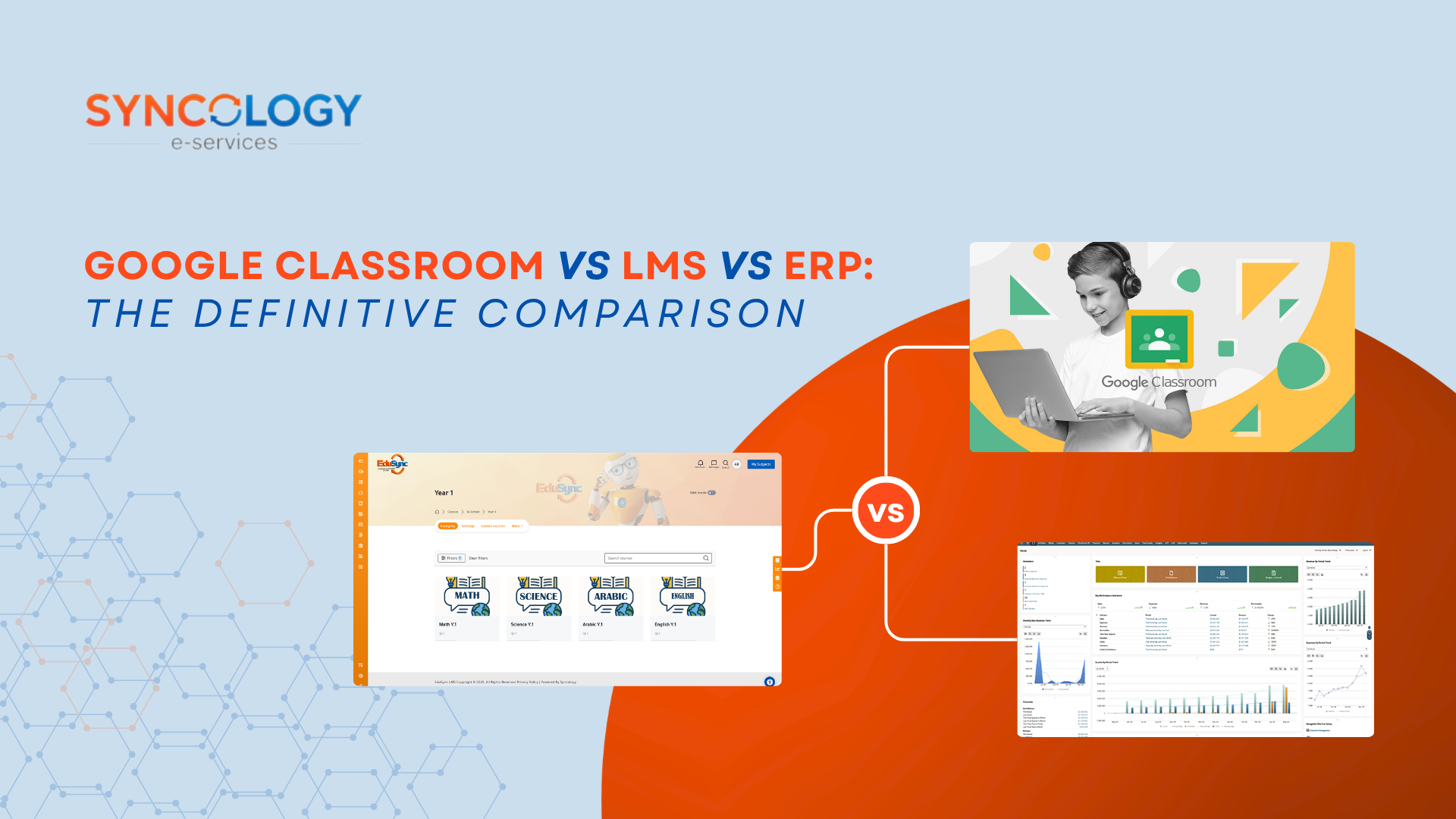 A comparative graphic comparing Google Classroom vs LMS vs ERP systems, showing a student using a laptop with the Google Classroom logo alongside the EduSync platform and a complex administrative dashboard.
