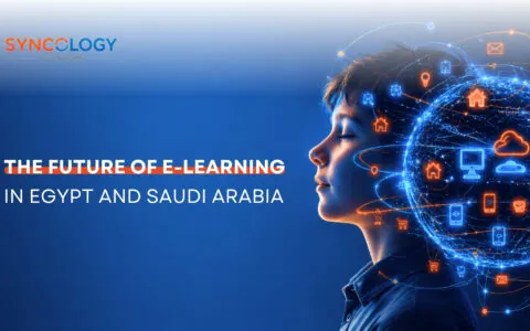 Profile view of a young student looking toward a glowing digital globe filled with technology and cloud icons, symbolizing the Future of E-learning in Egypt and Saudi Arabia.