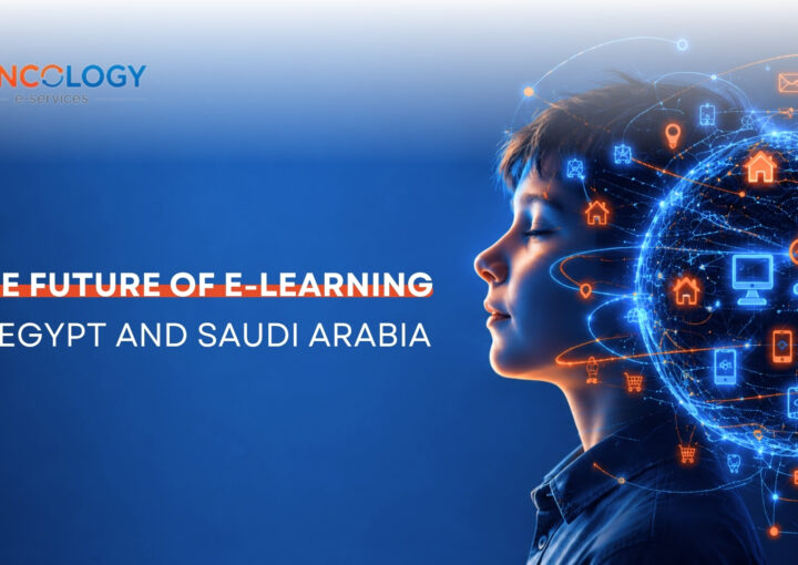 Profile view of a young student looking toward a glowing digital globe filled with technology and cloud icons, symbolizing the Future of E-learning in Egypt and Saudi Arabia.