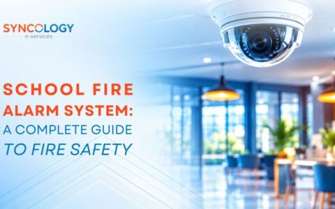 School Fire Alarm System: A Complete Guide to Fire Safety 5 A close-up view of a ceiling-mounted security camera overlooking a modern school facility lounge, representing an integrated school fire alarm system and safety infrastructure.