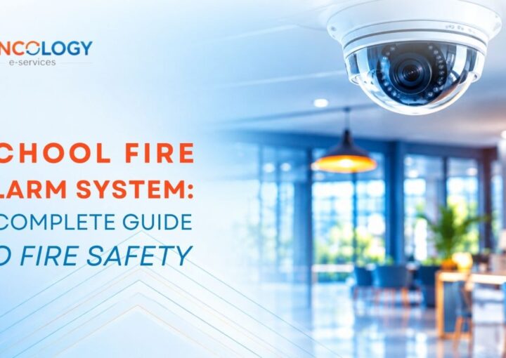 A close-up view of a ceiling-mounted security camera overlooking a modern school facility lounge, representing an integrated school fire alarm system and safety infrastructure.