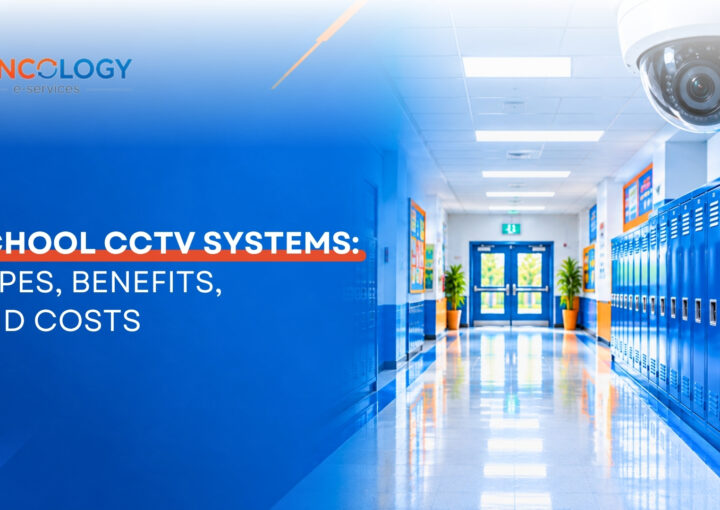 A ceiling-mounted dome security camera monitoring a bright, modern school hallway lined with blue lockers, illustrating School CCTV Systems.