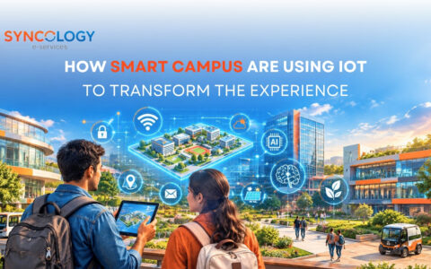 How Smart Campus Are Using IoT to Transform the Experience 7 Two students with backpacks looking at a tablet projecting a 3D hologram of a smart campus with IoT, AI, Wi-Fi, and solar energy icons.