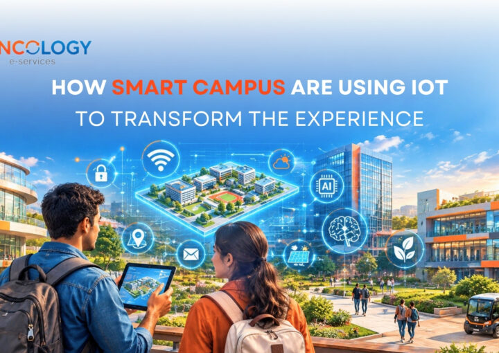 Two students with backpacks looking at a tablet projecting a 3D hologram of a smart campus with IoT, AI, Wi-Fi, and solar energy icons.