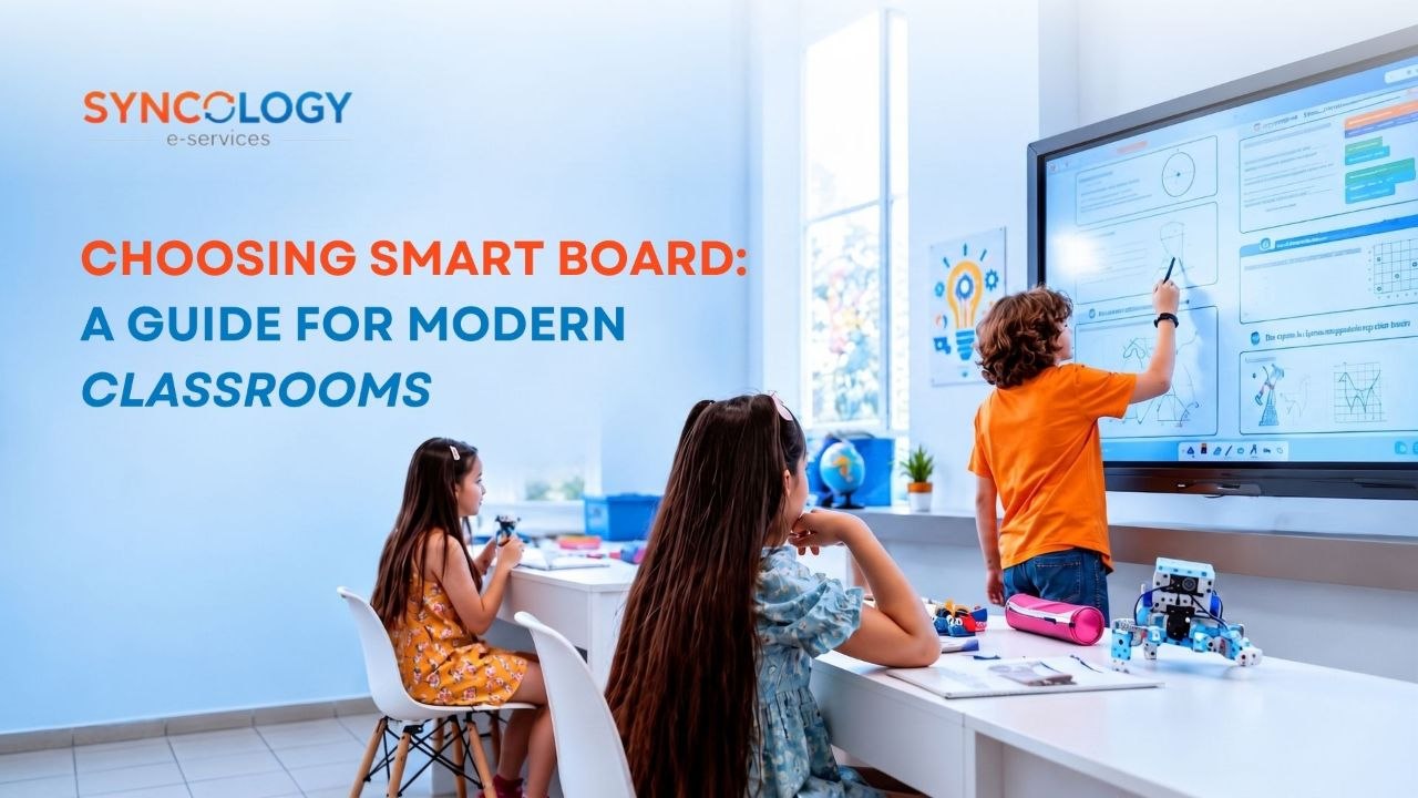 A young student using a digital stylus on a large interactive whiteboard in a classroom while classmates study at a table, illustrating choosing smart board technology.